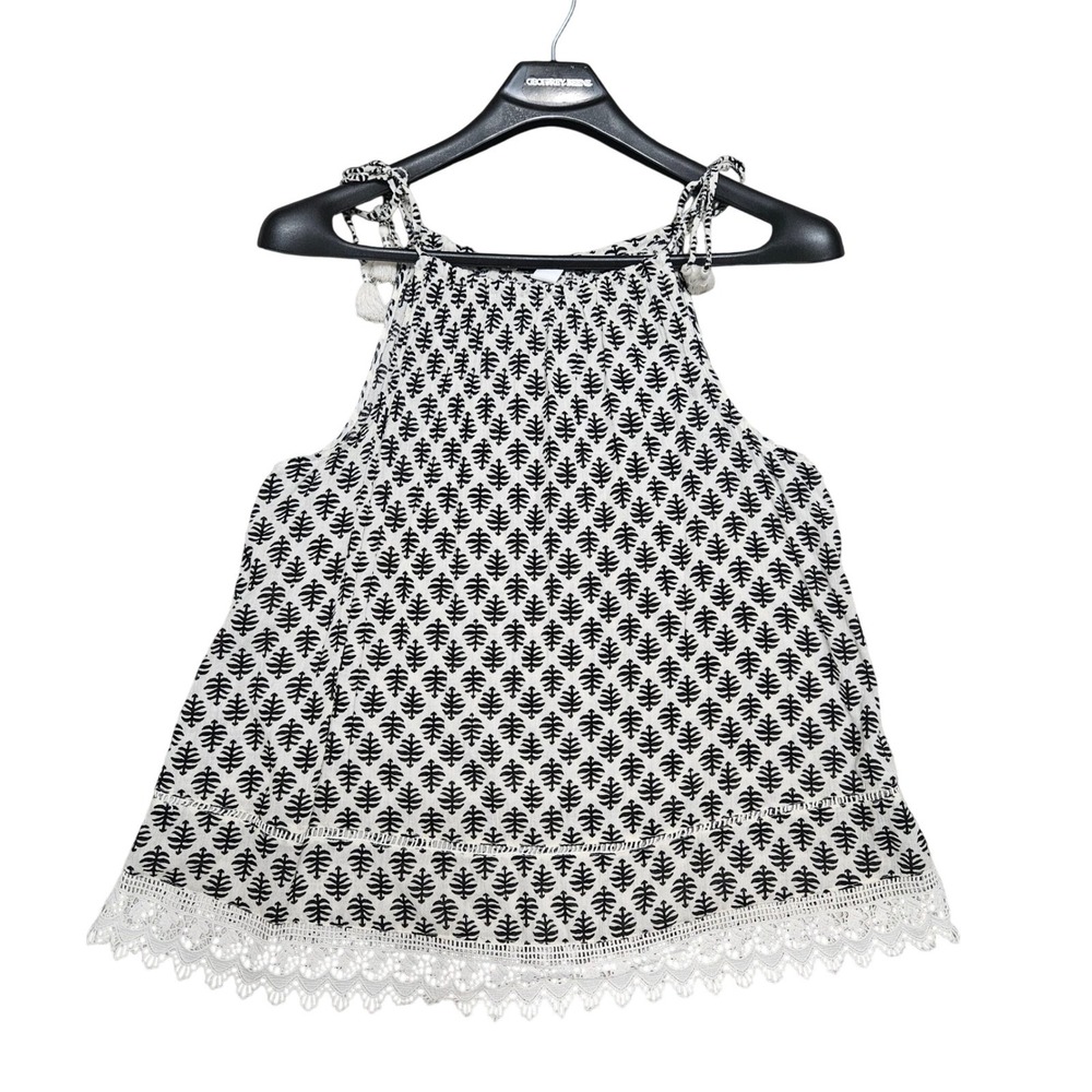 Old Navy Tank Top Womens XL White Black Block Print Boho Tassel Crochet Lace Hem